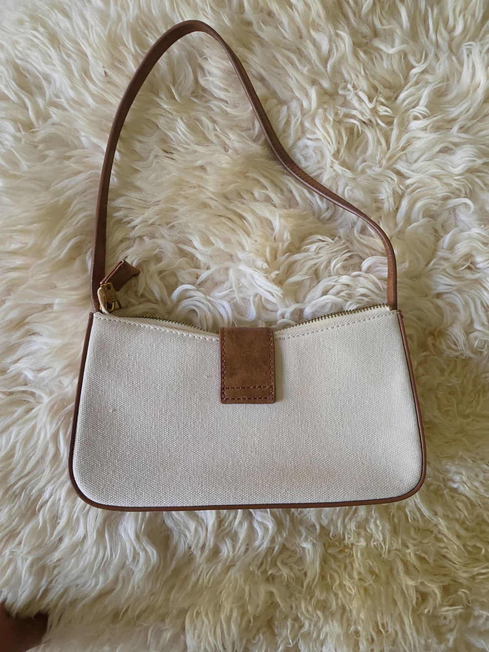 Brandy Melville Cream Canvas Shoulder Bag with Brown Leather Trim